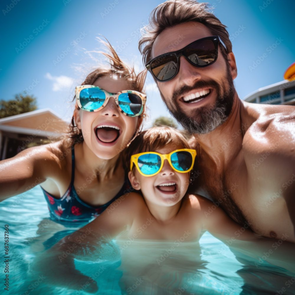 Happy family spending good time at the hotel pool Happy family spending good time at the hotel pool