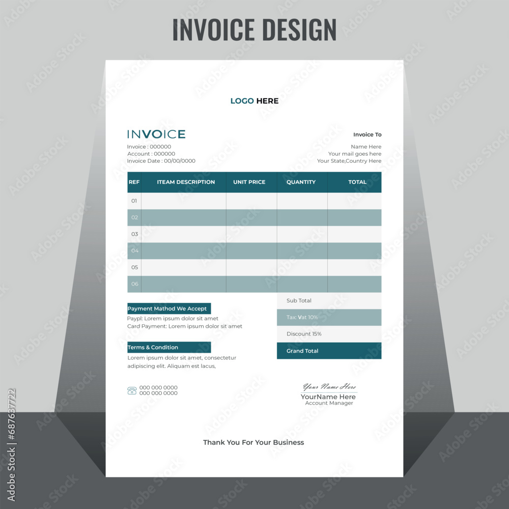 Creative invoice template vector. business bill payment agreement design template.