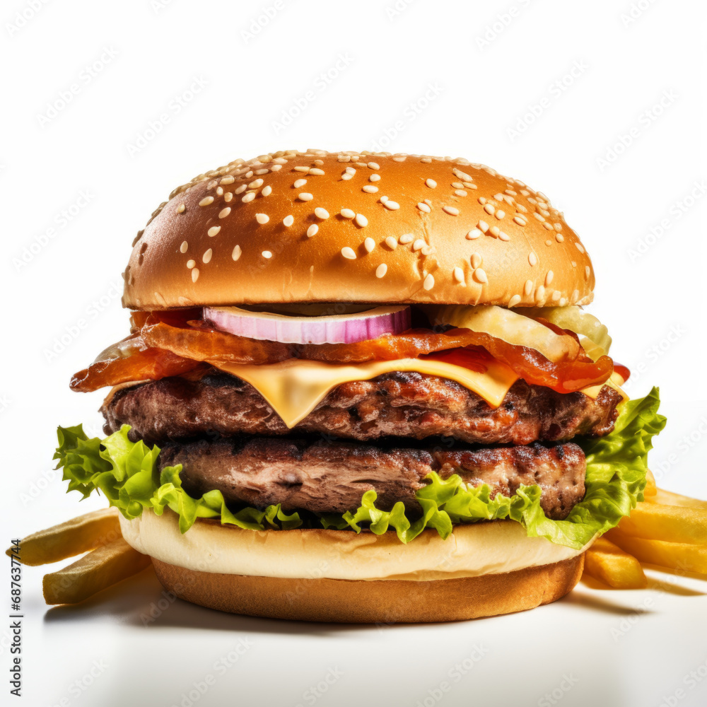 A tasty hamburger with fries, fast food, white background,
