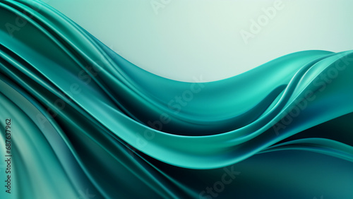 Abstract satin teal waves design with smooth curves and soft shadows on clean modern background. Fluid gradient motion of dynamic lines on minimal backdrop