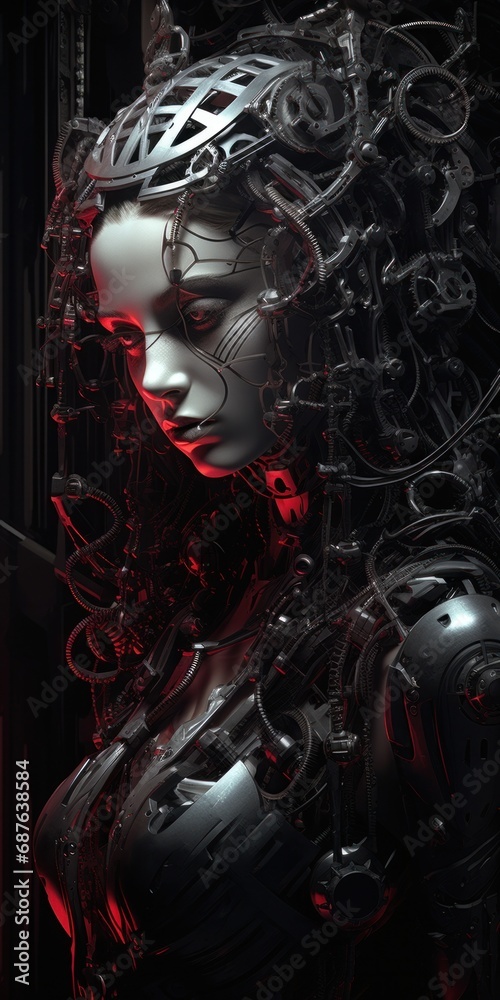 A visually complex portrait of a female cyborg with elegant mechanical headgear and silver details A visually complex portrait of a female cyborg with elegant mechanical headgear and silver details