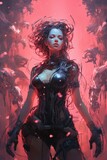 A majestic cybernetic woman portrayed with an intense red ambiance and flowing hair in digital artwork