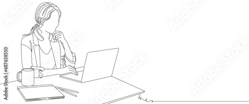 person in the office. Line art woman writing and study with help laptop.line art drawing of a woman. Business concept. Beautiful woman sits on the floor and holding laptop