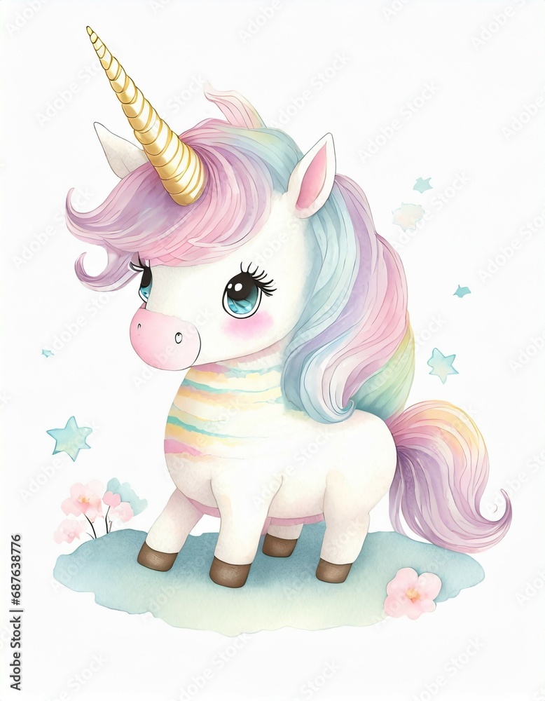 children's illustration, pastel colors, unicorn cute