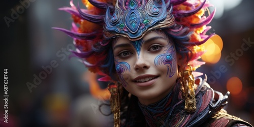 Vibrant fantasy costume featuring an intricate headdress and face paint at a festival scene © Glittering Humanity