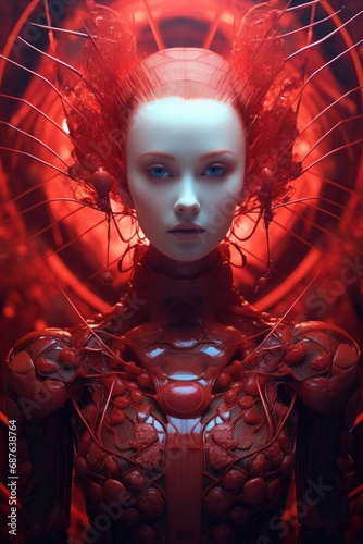 Enigmatic woman with a detailed red headpiece resembling an abstract structure, surrounded by a halo