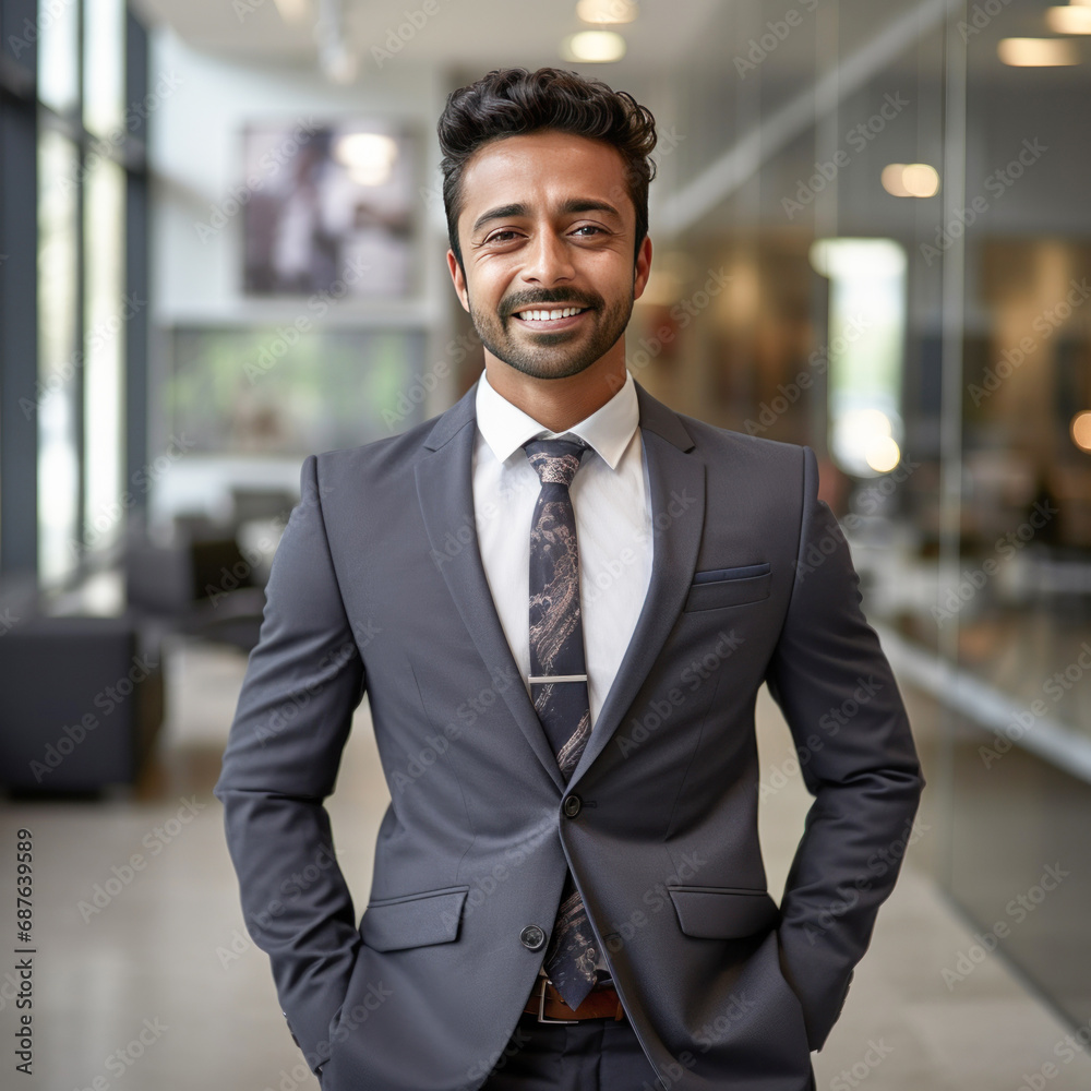 Fototapeta premium Young and successful businessman standing confidently at office