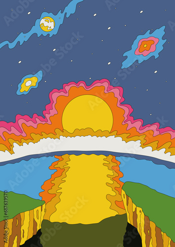 Hippie Style Psychedelic Art 1960s - 1970s, Colorful Abstract Nature Landscape 