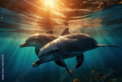 A group of dolphins swimming under water in a body of water with sunlight shining through the water's surface © MaxSimplify