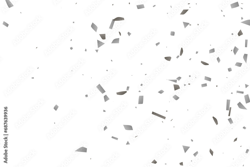 Silver glitter confetti on a white background. Illustration of a drop of shiny particles. Decorative element. Luxury background for your design, cards, invitations, gift, vip.