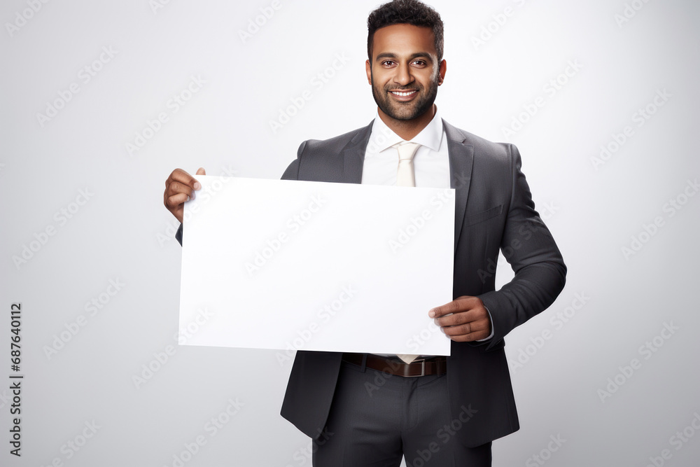 Young indian businessman showing empty board