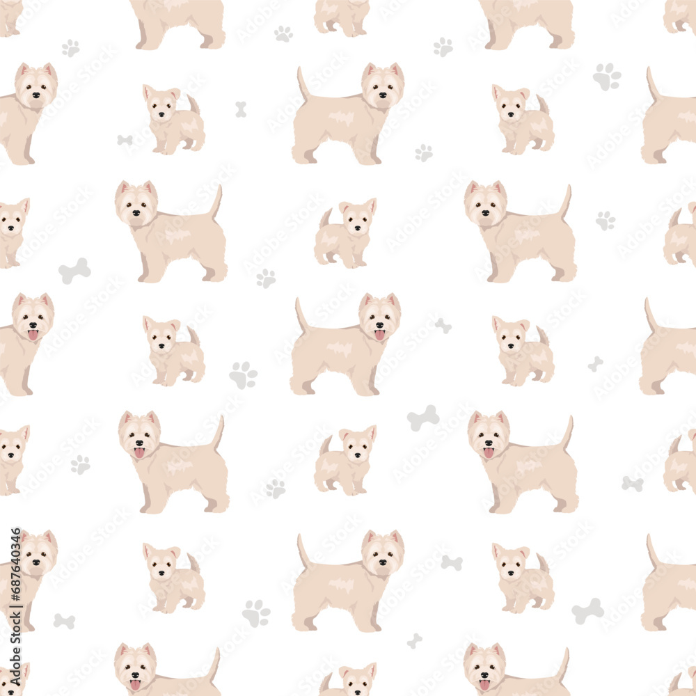 West Highland White Terrier seamless pattern. Different poses, coat colors set West Highland White Terrier seamless pattern. Different poses, coat colors set