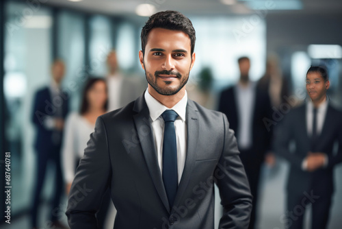 Young and successful businessman standing confidently at office photo