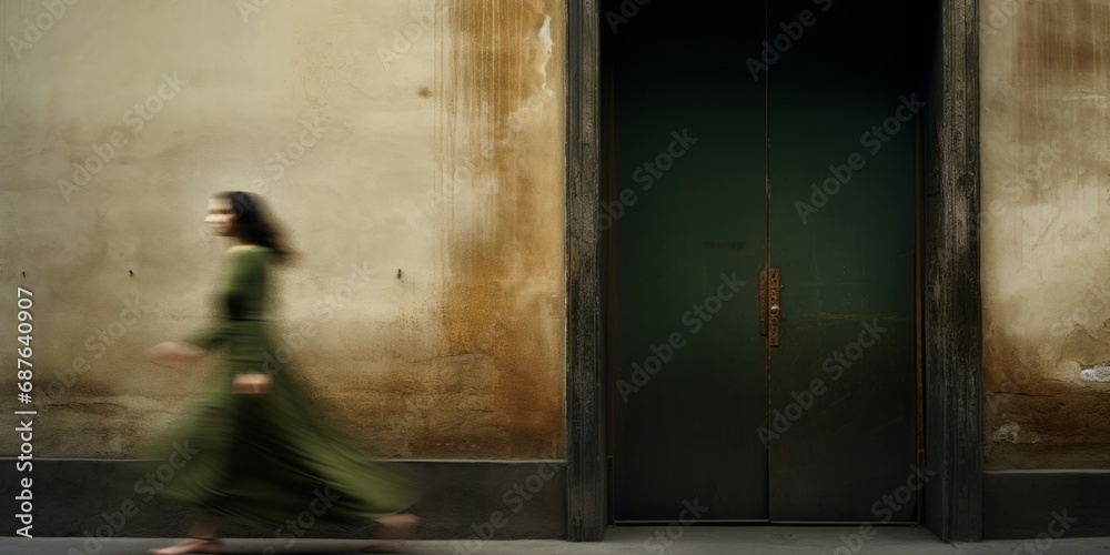 Blurred motion of a woman walking past a green door, creating a sense of movement and mystery. Blurred motion of a woman walking past a green door, creating a sense of movement and mystery.
