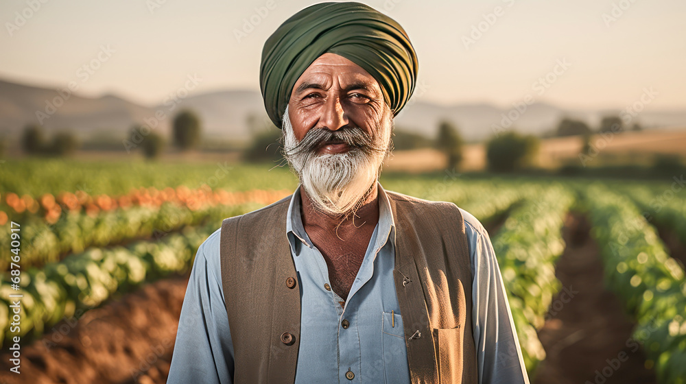 Indian farmer giving happy expression at agriculture field - obrazy, fototapety, plakaty 