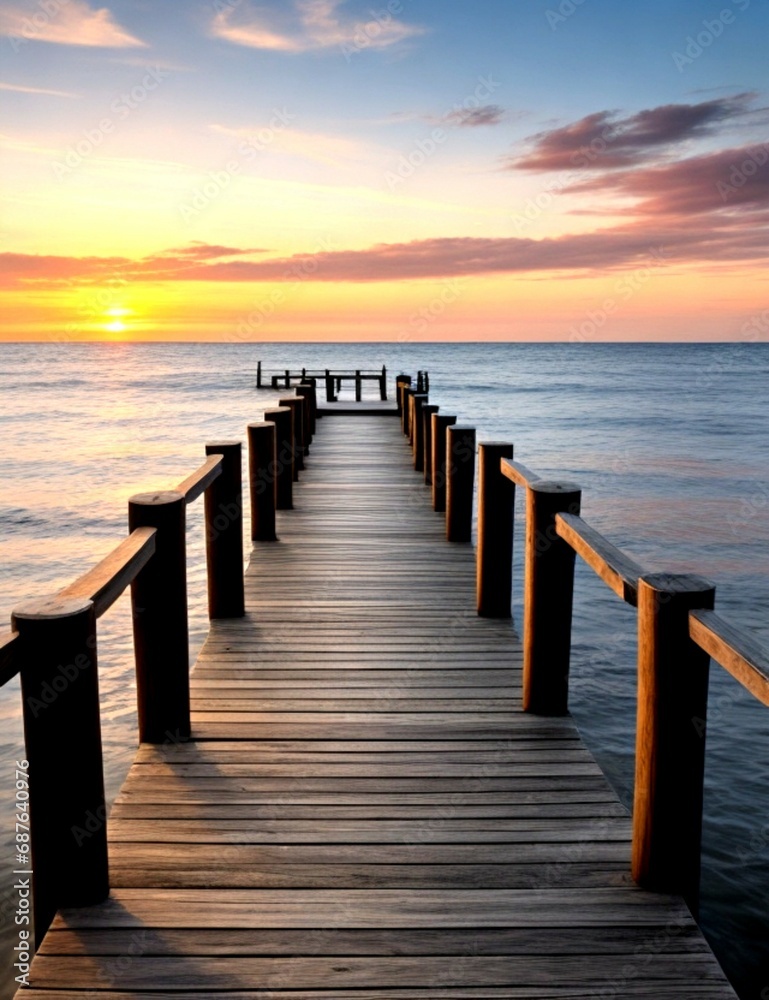Wooden pier on the beach at beautiful sunset in the evening Wooden pier on the beach at beautiful sunset in the evening