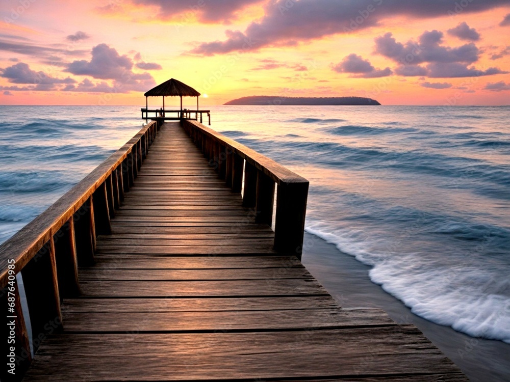 Wooden pier on the beach at beautiful sunset in the evening