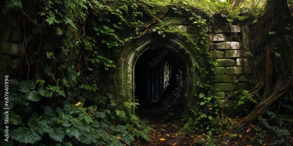 Mystical stone passageway overgrown with vines in a lush forest, evoking an ancient world feeling.