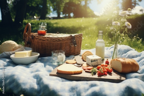 Sunny picnic scene with a basket, fresh bread, cheese, and wine on a blue blanket in a grassy field.