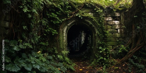 Mystical stone passageway overgrown with vines in a lush forest, evoking an ancient world feeling.