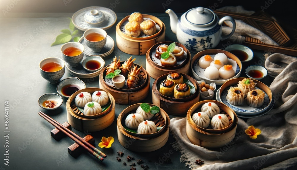 Beautiful presentation of various Dim Sum dishes on plates and bamboo steamers, accompanied by a traditional Chinese tea set.
