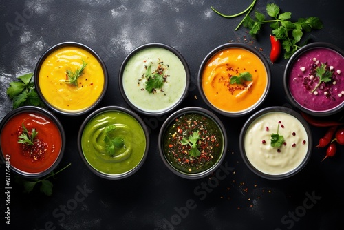 Assortment of colored vegetable cream soups. Dietary food. On a black stone background. Top view