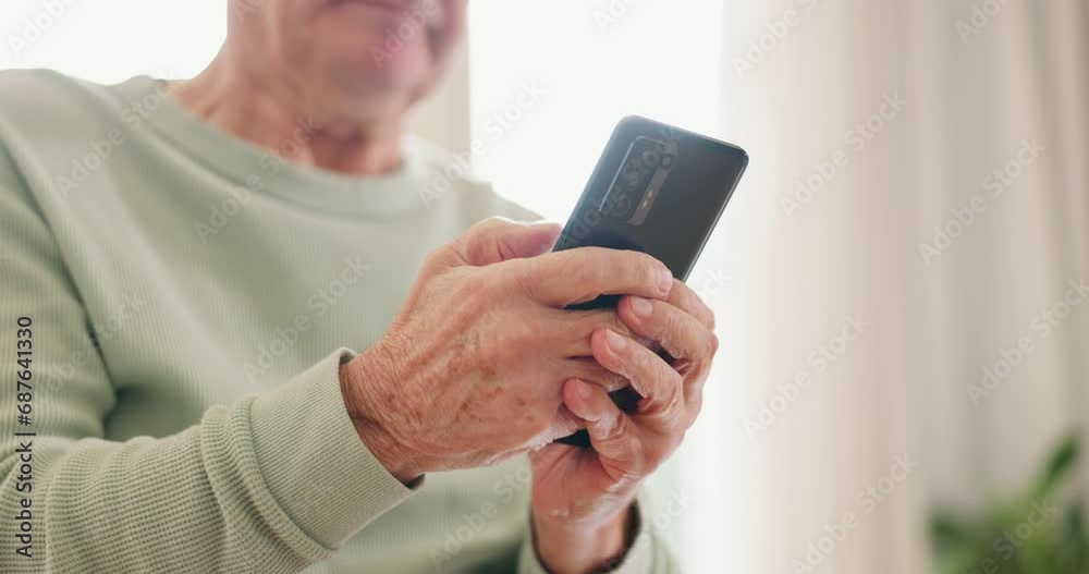 Senior person, Parkinson hands and phone text on app, social media and internet scroll at a retirement home. Technology, mobile and website in a house online with news and shaking of elderly patient