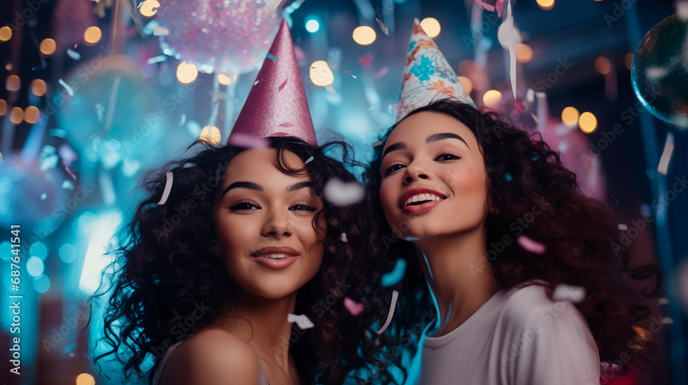 Two friends at a party, portraits, party caps and flying foil. Girls celebrate birthday. Party, holiday, New Year. Cheerful faces of girls at a party