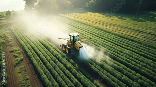 Spraying pesticide with tractor at agriculture field