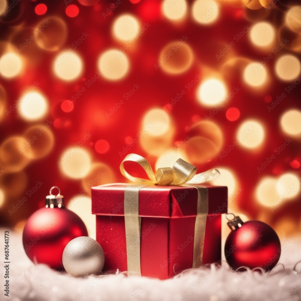 Red gift box with golden ribbons on holiday background with twinkle bokeh light.