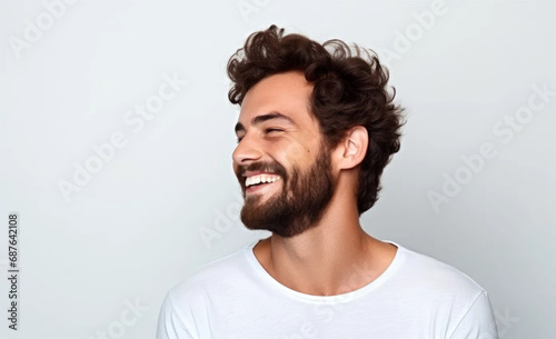 male model with short hair, beard, face close-up, smile, white background  © Denis