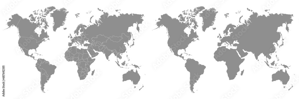 World Map with borders of states, continents of the planet with and without division of country - stock vector