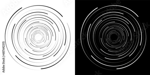 Speed lines in circle form, halftone effect, spiral round logo, design element decoration, concentric circle elements background, abstract geometric shape, black and white striped border frame