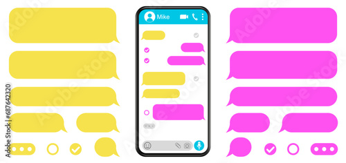 Smartphone with messaging app and message bubbles, blank SMS text frame, chat screen with set message template bubbles icons, dialogue, chatting sms, social network chatting window in phone screen