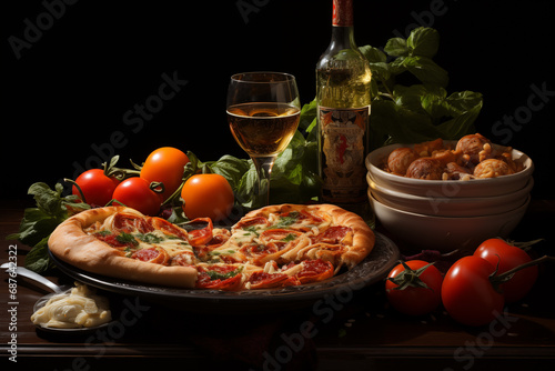 Italian food, tasty pizza with red peppers , a glass wine and vegetables on the table