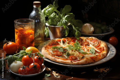 Delicious pizza with vegetables on the kitchen table surrounded by classical Italian fresh ingredients, onion,tomatoes and herbs