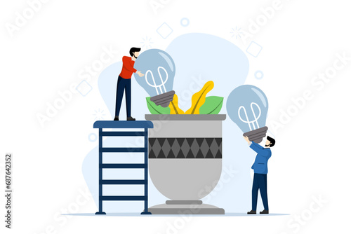 concept of business and teamwork, looking for new solutions, generating and generating ideas, solving problems by replacing broken light bulbs. replacing old ideas with new ideas. vector illustration.