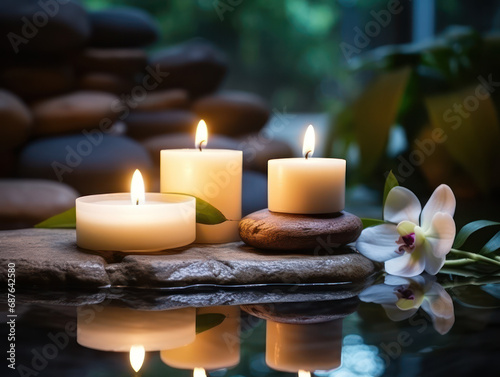 Candles and flowers with spa stones  concept of calm and harmony  luxury modern spa