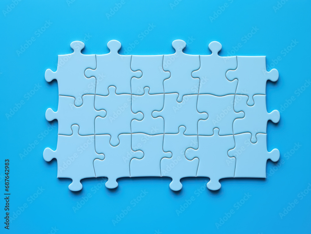 Many blue picture puzzles on blue background, idea solution concept Many blue picture puzzles on blue background, idea solution concept