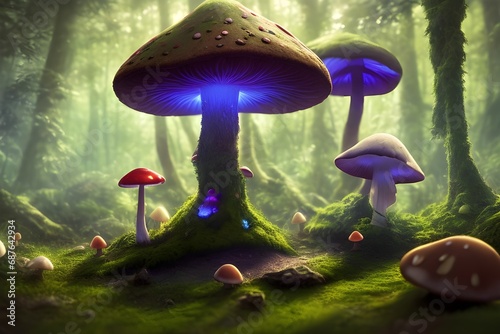 Magic mushrooms in the forest. 3D rendering. Fantasy forest. © AGORA