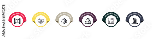 gate, street lamp, street light, skyscrapper, supermarket, phone booth outline icons set. editable vector from city elements concept.