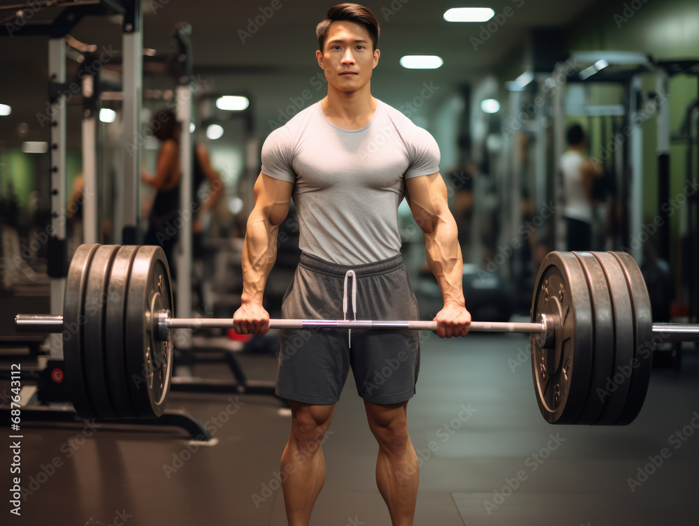 Handsome and strong athletic asian man pumping biceps fitness exercise and gym concept background Handsome and strong athletic asian man pumping biceps fitness exercise and gym concept background