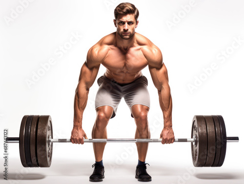 Strong athletic man pumping biceps fitness exercise and gym concept isolated on white background
