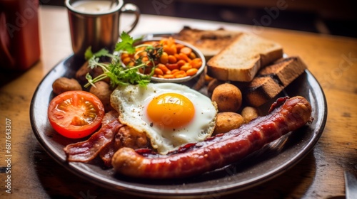 best full english breakfast with crispy bacon  silky scrambled eggs  stewed plum tomatoes  garlic mushrooms  grilled onions in a british gastropub in london  16 9