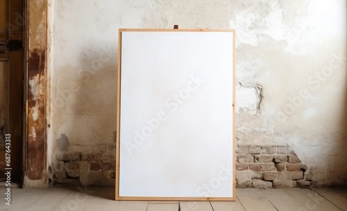 vertical blank painting in a thin wooden frame leaning against a white wall and resting on a distressed wooden floor