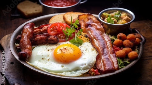 best full english breakfast with crispy bacon, silky scrambled eggs, stewed plum tomatoes, garlic mushrooms, grilled onions in a british gastropub in london, 16:9