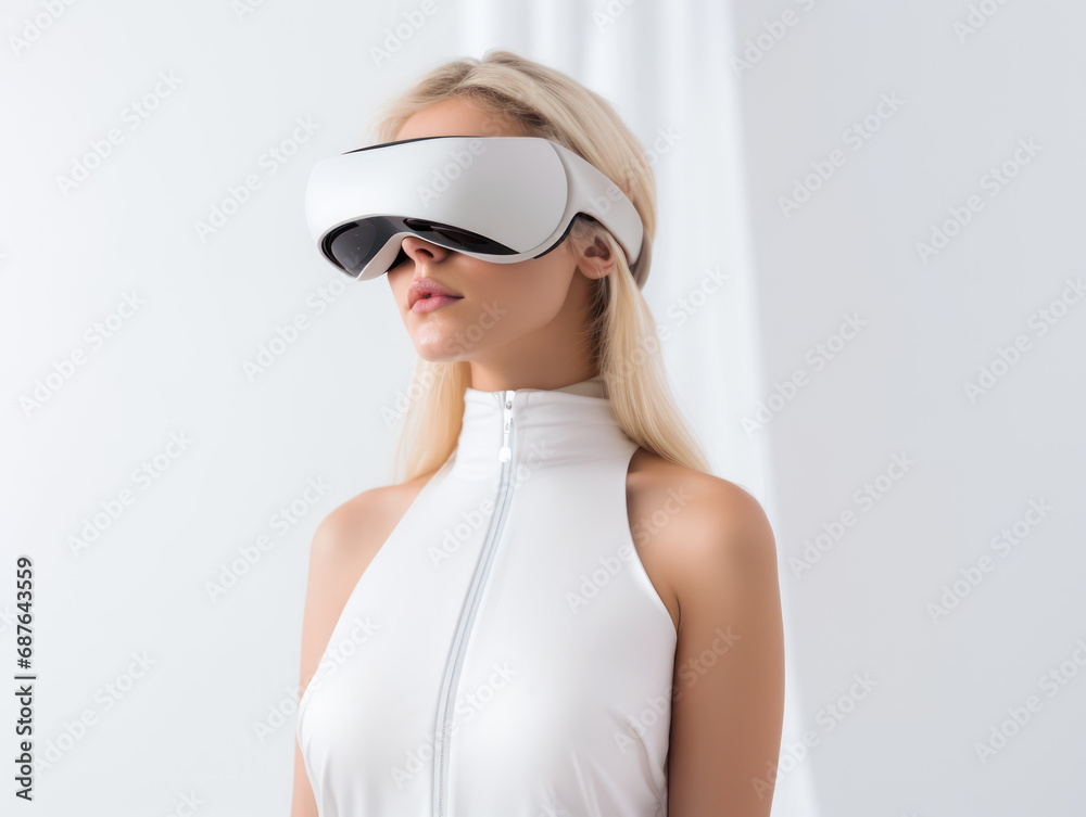 Woman wearing virtual reality glasses, try the virtual world experience in vr Woman wearing virtual reality glasses, try the virtual world experience in vr