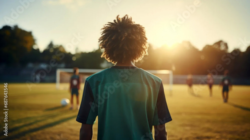 rear view: a man with long brown curls watches children playing football photo