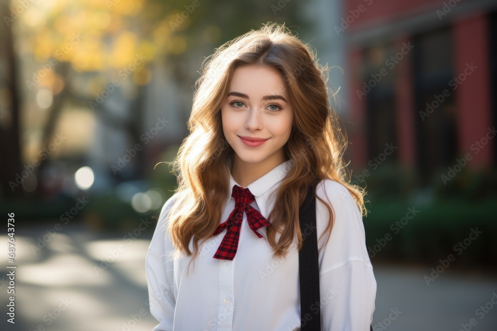 Young woman with long hair wearing white blouse and red plaid tie standing or sidewalk with trees and red building in background, suggesting urban or academic setting. Preppy aesthetic