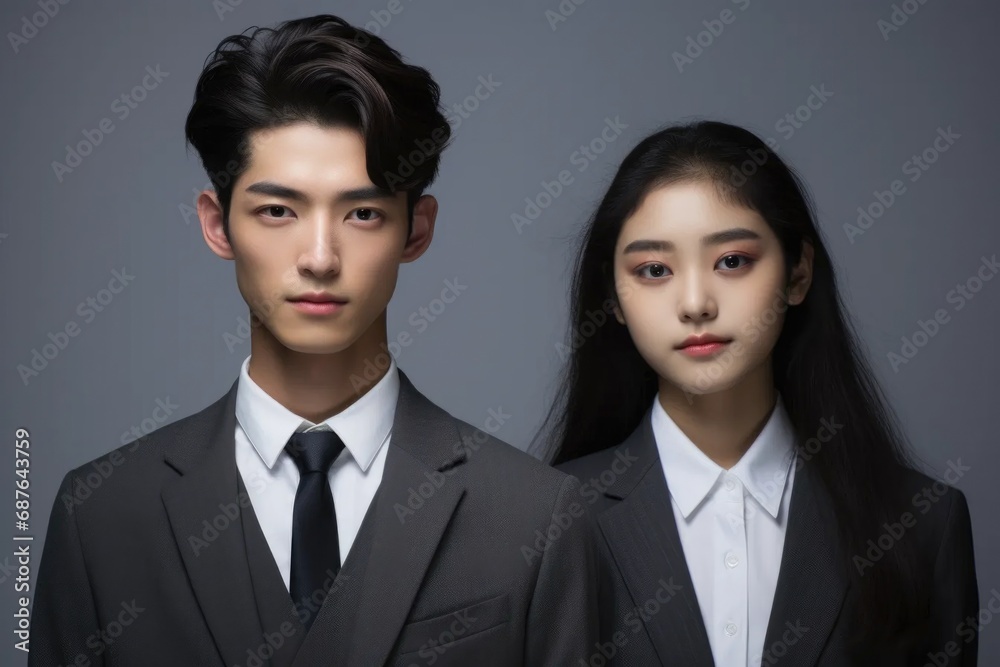 portrait of a business couple. Asian men and woman in suits portrait of a business couple. Asian men and woman in suits